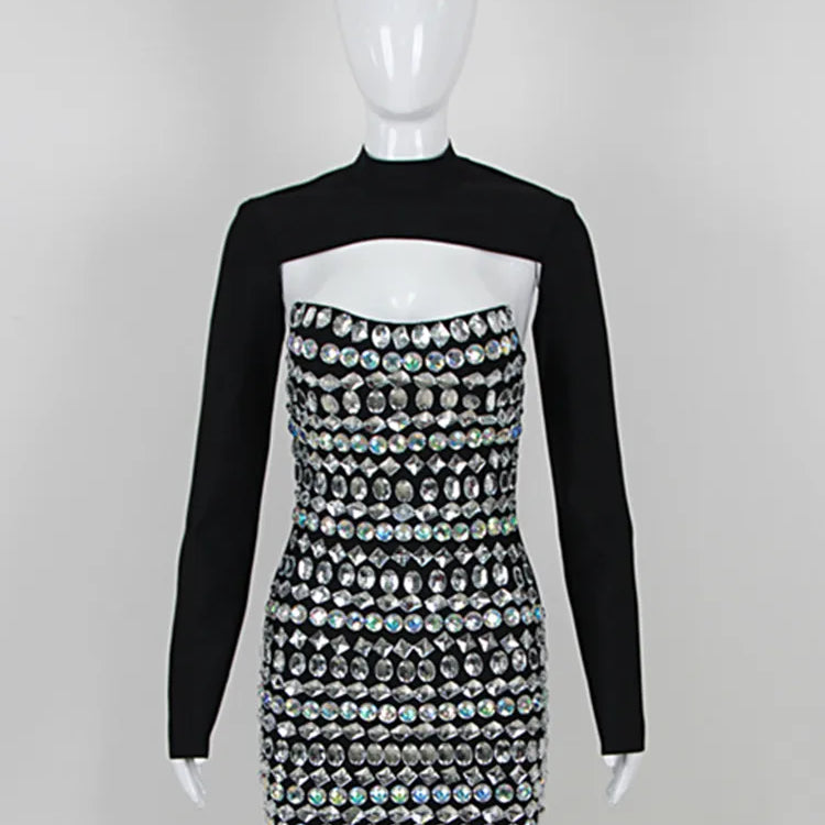 Women Celebrity Sexy Turtleneck Beading Rhinestone Black Mini Bodycon Bandage Dress 2023 Elegant Evening Club Party Dress