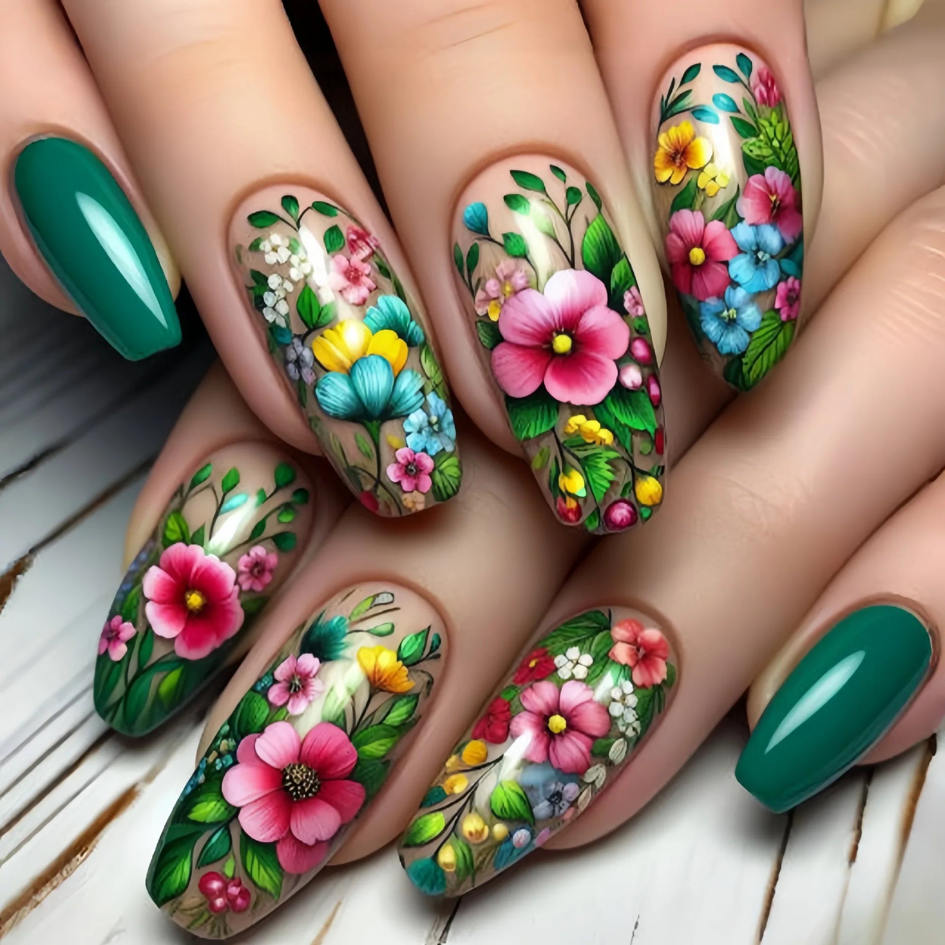 24Pcs Green Colorful Press on Fake Nails with Watermelon Lemon Pattern Manicure Set Plant Flowers Design Long Ballet False Nails