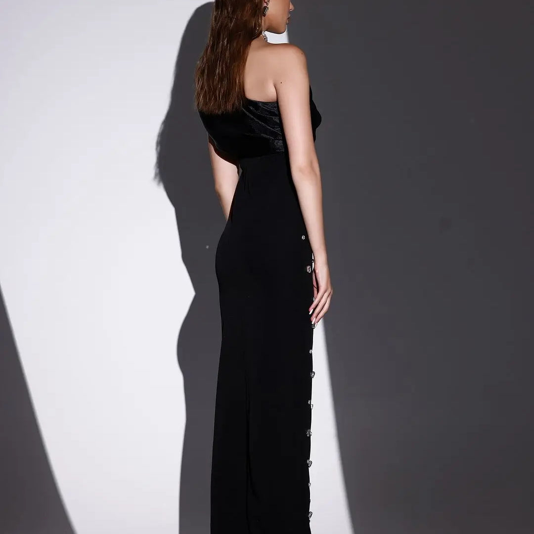 Rosered Black Color Women Sexy One Shoulder Shinning Crystal Bodycon Bandage Long Dress Celebrate Fashion Evening Party Outfit
