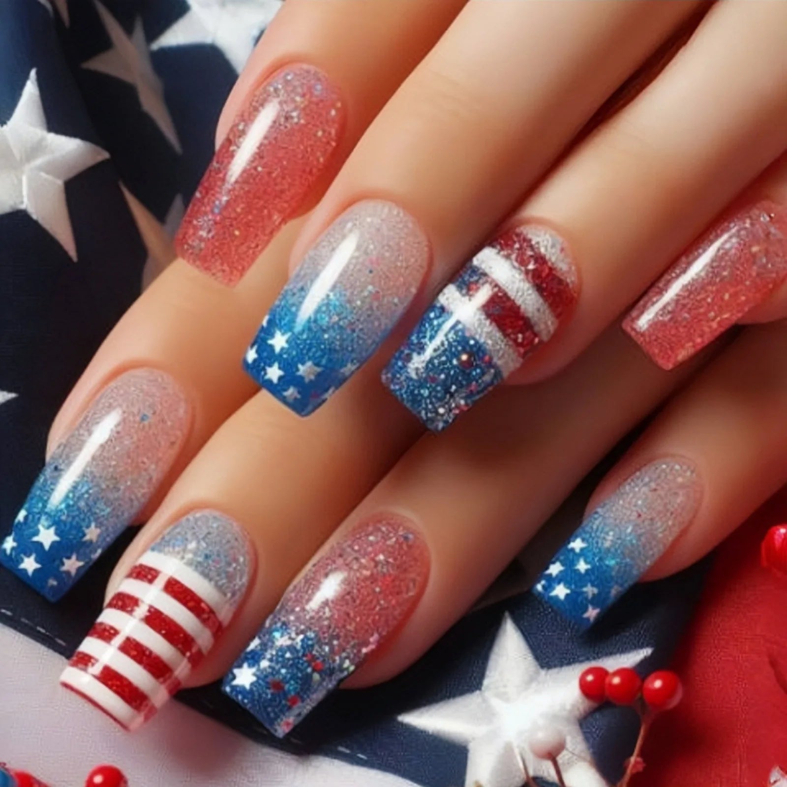 24pcs/set Short Medium square ballet fake nails tip for American Independence Day blue red flowers star flag press on false nail