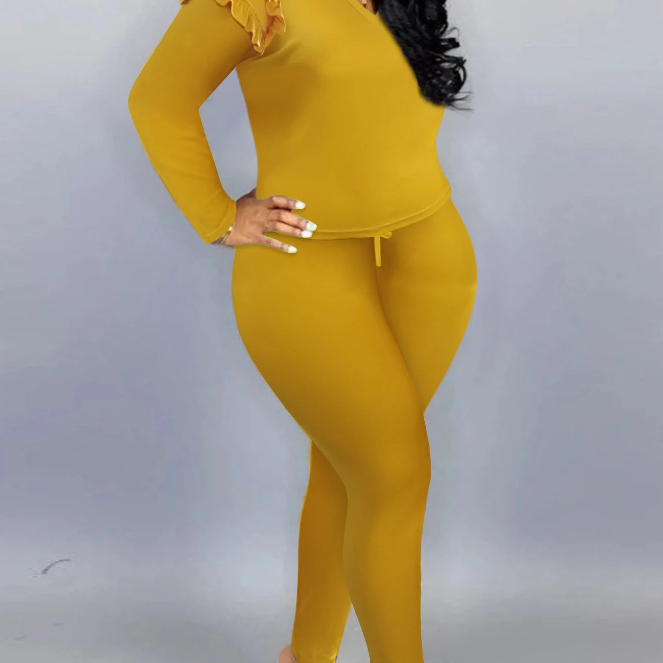 4XL 5XL LW Plus Size Trendy V Neck Striped Yellow Two-piece Pants Set Spring Women Basic Plain Ruffles Female Matching Suit