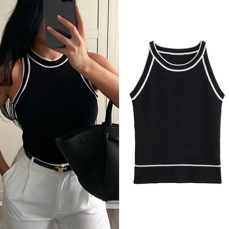 TRAF Tops for Women Crop Top Black Sexy Sleeveless Knitted Fabric Women's Vest Tank top Female youthful women's clothing