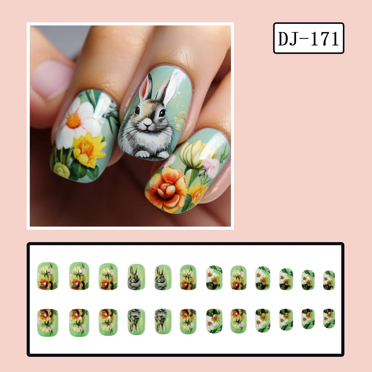 24pcs Easter Cute Rabbit Press On Nails Spring Daisy Flower Design Fake Nail Tips for Girl Women Wearable Short Cute False Nails