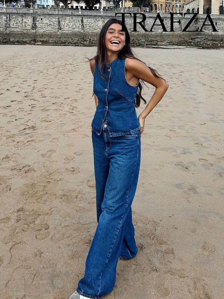 TRAFZA Summer Denim Trousers Set For Women Sleeveless Cropped Vest Top + Wild Basic Women's Wide Leg Long Pant Trendy