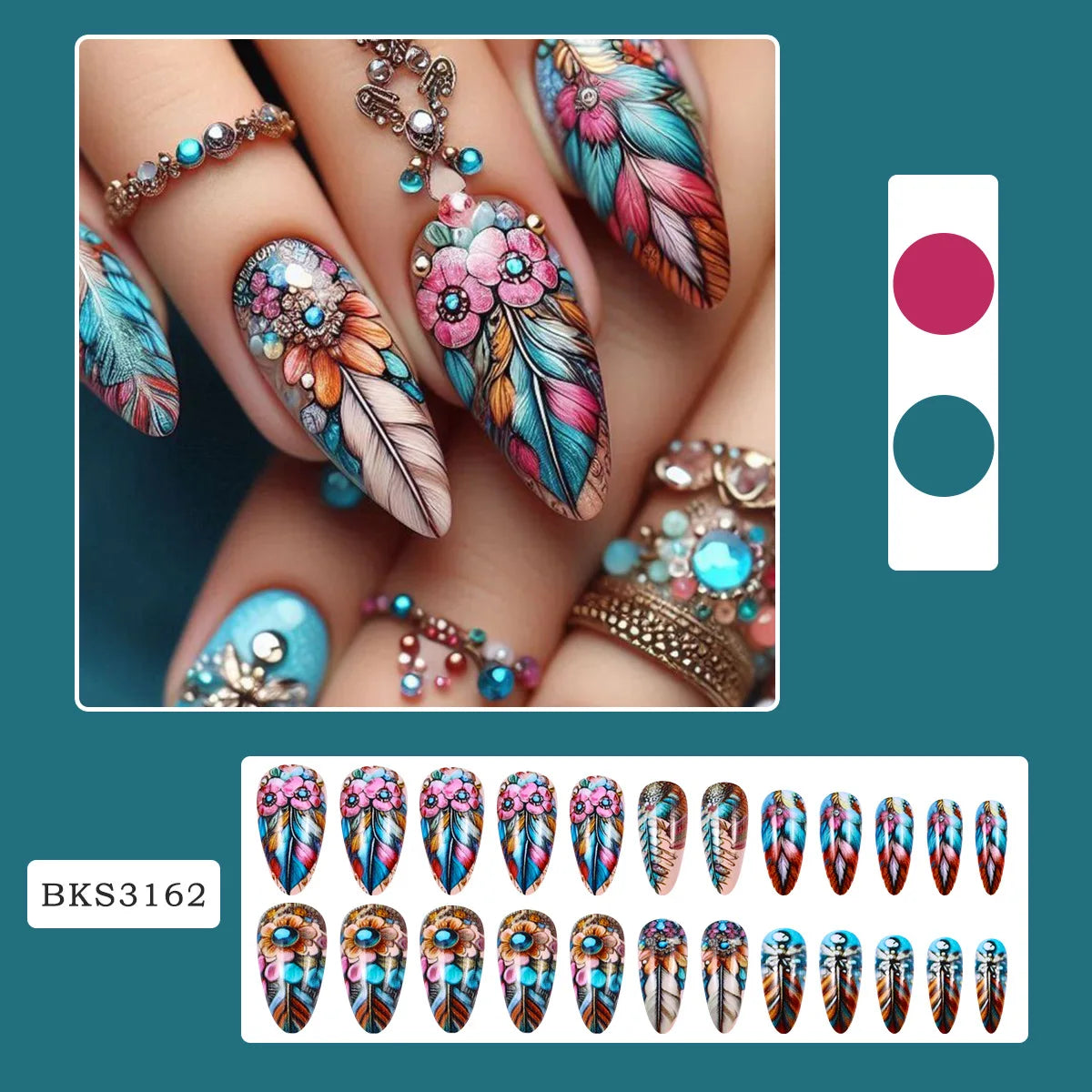 24pcs Mandala style False Nails Moon Flower Pattern Press on Nails European Retro Fake Nail Patch Women Lady Wearable Design