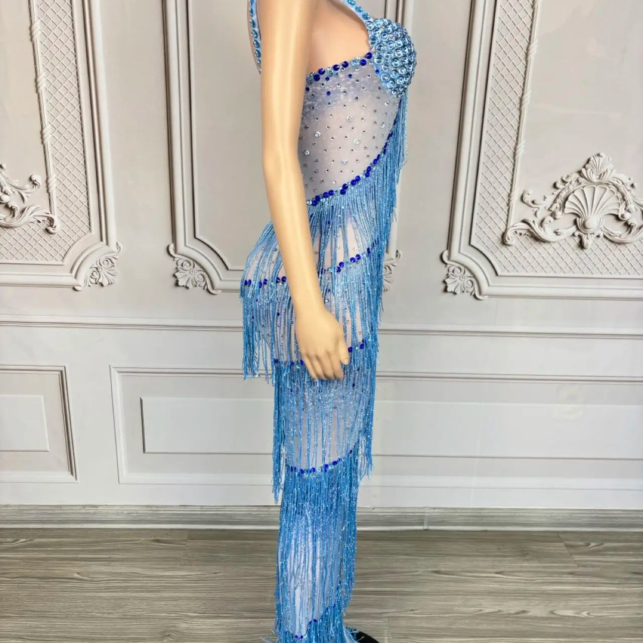 Sparkly Rhinestones Tassel Slip Long Dress Sexy Women Celebrate Prom Sheer Mesh Evening Dress Birthday Photo Shoot Wear lantian