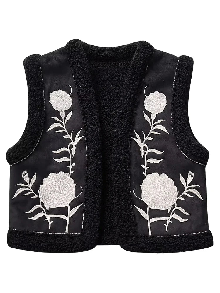 Women's Fashion Flower Embroidery Reversible Vest Vintage Suede Lamb Warm Vest Short Loose Sleeveless Vest Street Style Ves Black-TRAF164