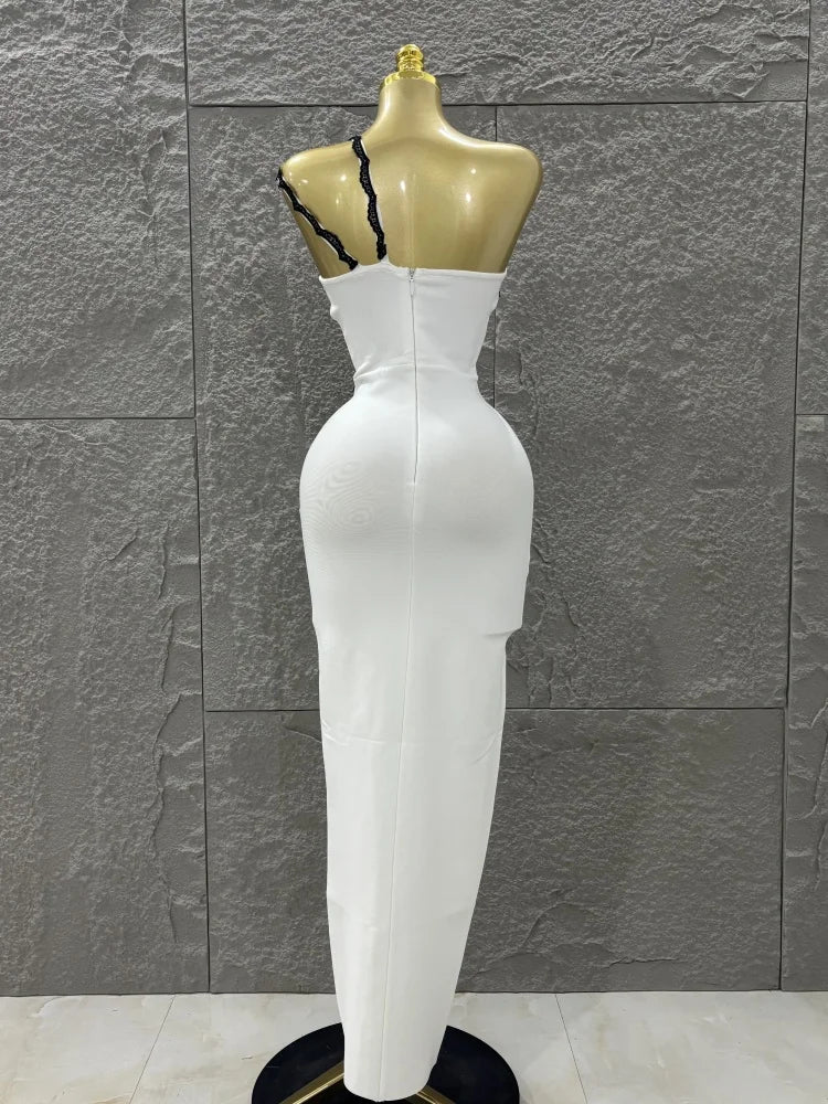 Top Quality Women Sexy One Shoulder Black Lace Bodycon Long Bandage Dress Fashion Celebrate Evening Party Birthday Outfit