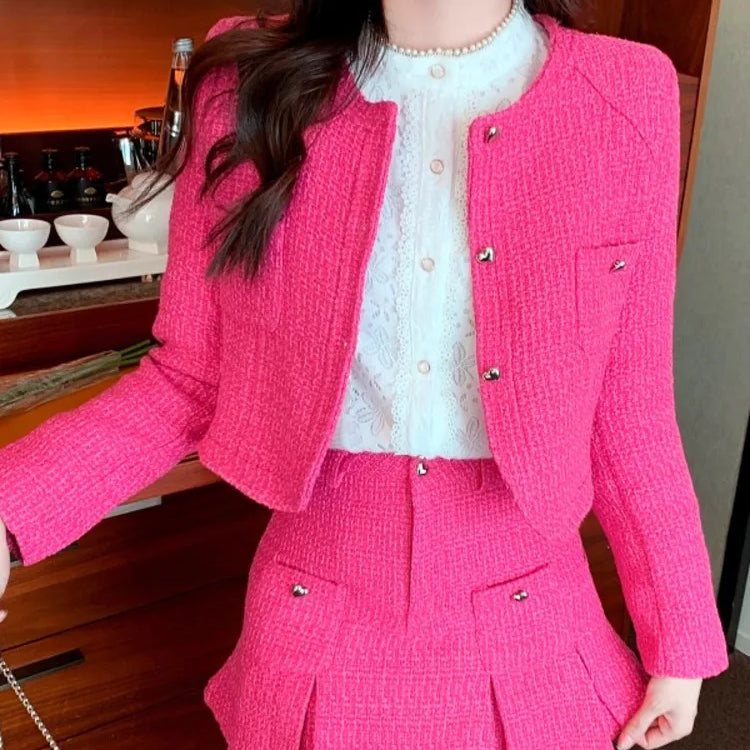 Autumn Winter Tweed 2 Piece Set For Women Short Woolen Tweed Jacket Coat + Bodycon Mini Skirt Set Woman Two Piece Outfits 2 Piece Sets