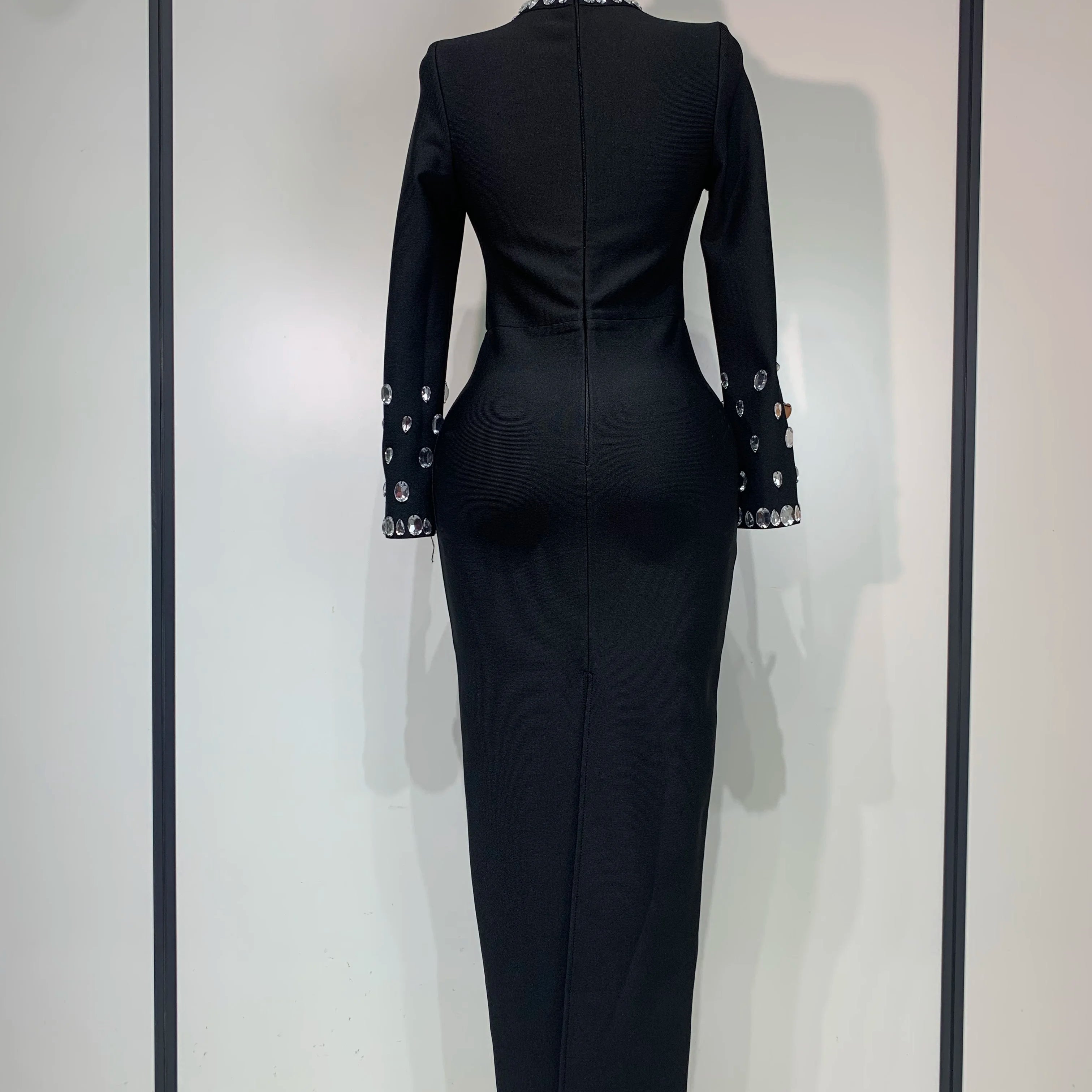 Luxury Birthday Dresses Sparkly Diamond Long Sleeve Black Bodycon Bandage Dress Women Wedding Evening Club Party Prom Gowns