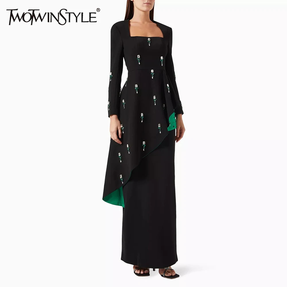 TWOTWINSTYLE Colorblock Spliced Bead Luxurious Two Piece Sets for Women Square Neck Long Sleeves Top High Waist Skirt Set Female