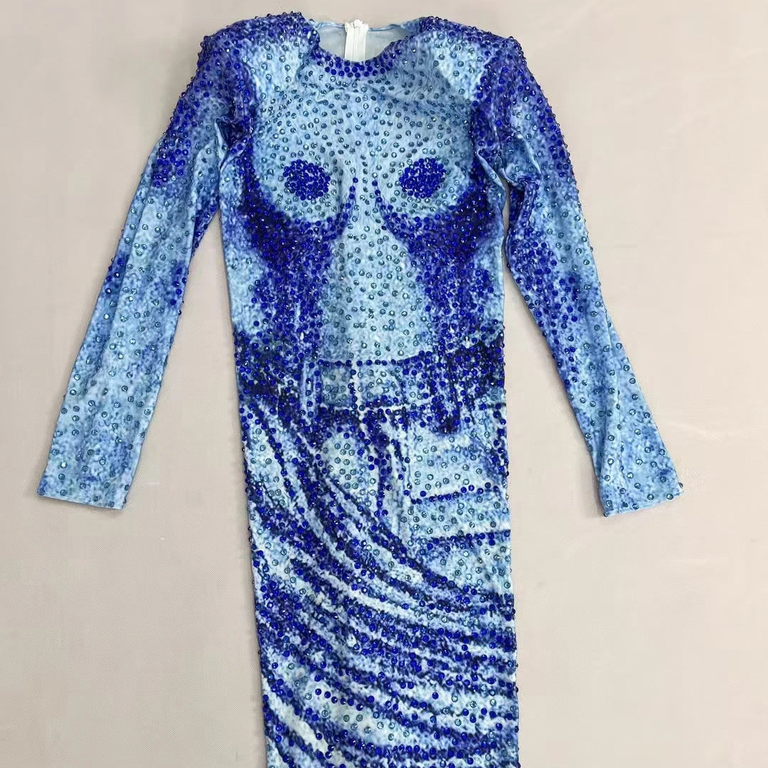 Fashion Sparkly Blue Rhinestones Long Sleeve Mini Dress Club Hot Girls Birthday Party Performance Show Skinny Dress Lanniuzai