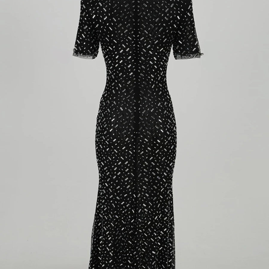 TWOTWINSTYLE Solid Slimming Spliced Stick Drill Dresses for Women Round Neck Short Sleeves Temperament Dress Female Clothing New