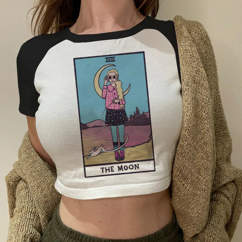 Lady Fashion Women Short Sleeve Summer Harajuku Crop Top Clothes Tshirt Female Tarot Print Cute Lovely Casual Aesthetic T-Shirt R022