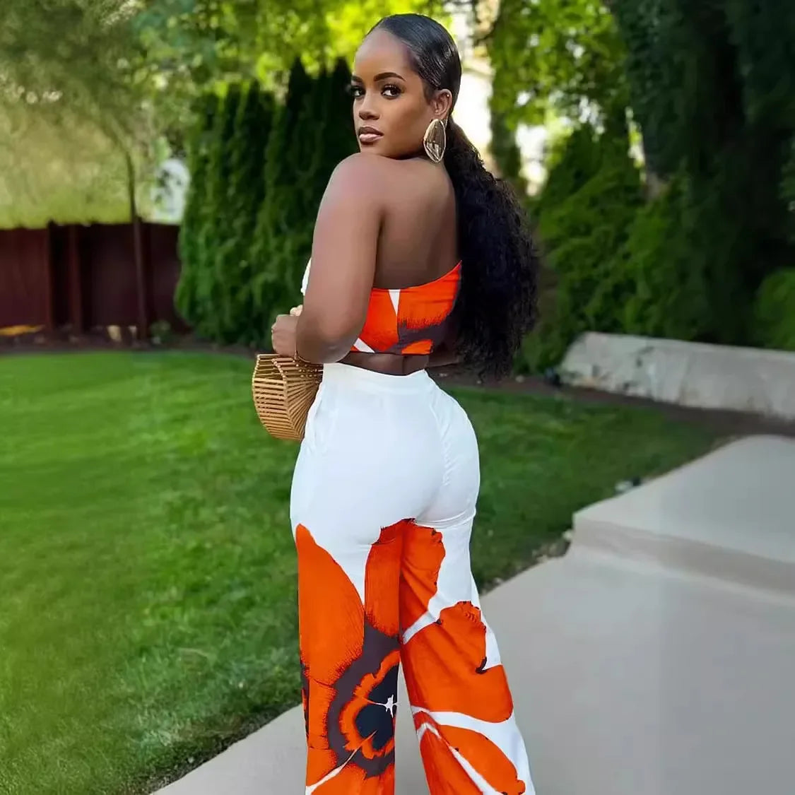 CM.YAYA Women Set Floral Print Sleeveless Skew Collar Tops +Wide Leg Pants Two 2 Piece Set Outfit 2024 Summer Street Tracksuit