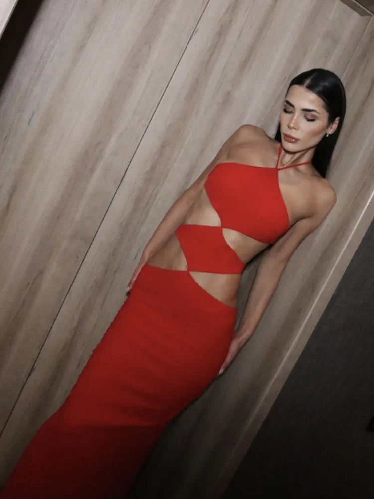 Summer Red Color Women Sexy Halter Cut Out Bodycon Bandage Long Dress Fashion Birthday Christmas Cocktail Party Dress