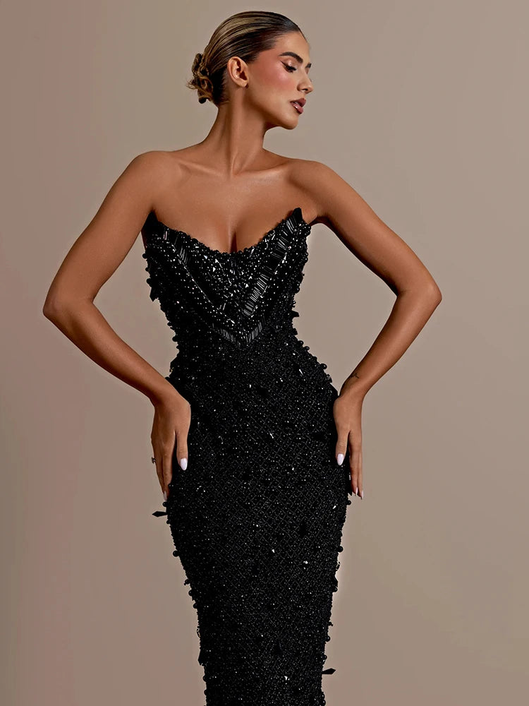 VC Stunning Strapless Sleeveless Black Crystal Sequin Dress Luxury Party Evening Gown