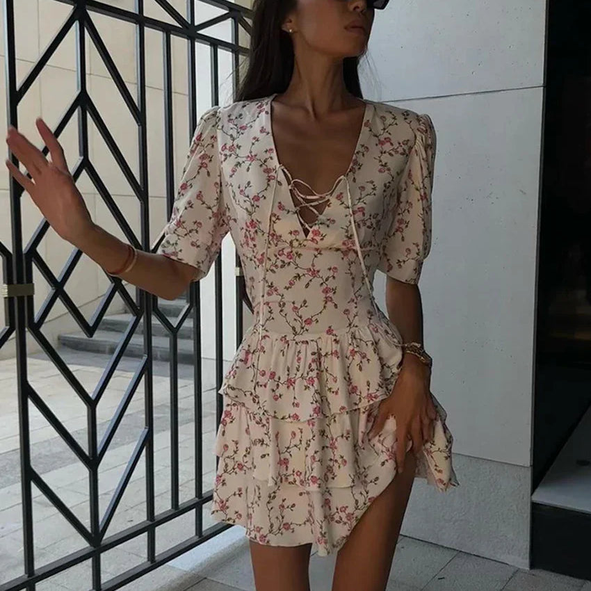 Clacive Summer Slim Print Women's Dress Sexy V-Neck Short Sleeve Mini Dresses Elegant High Waist Pleated Female Dress