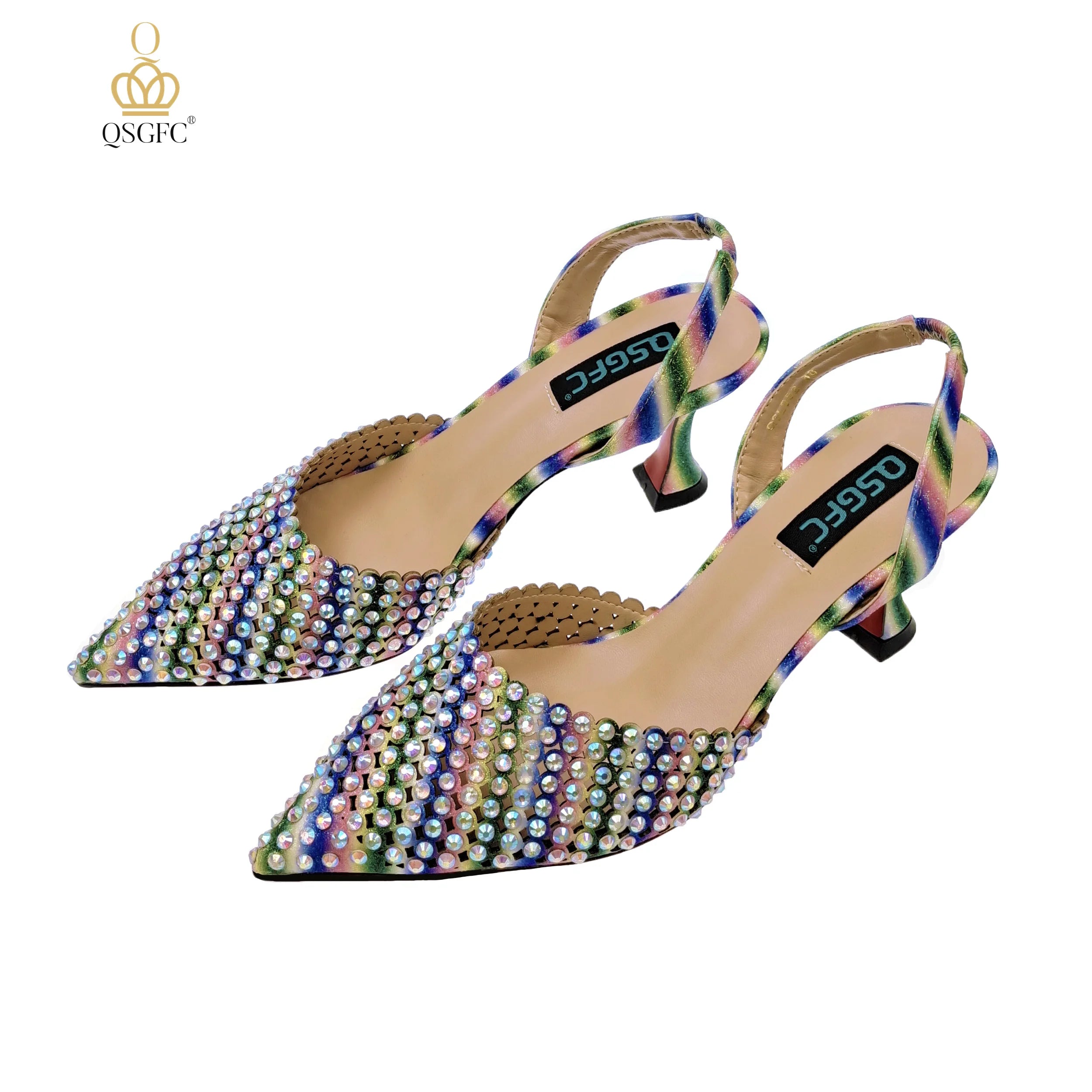 Italian Design Women Hollowed Out Embroidery Colorful Rhinestones Rainbow Color Women's Shoes and Party Wedding Bags Set ONLY SHOES RAINBOW