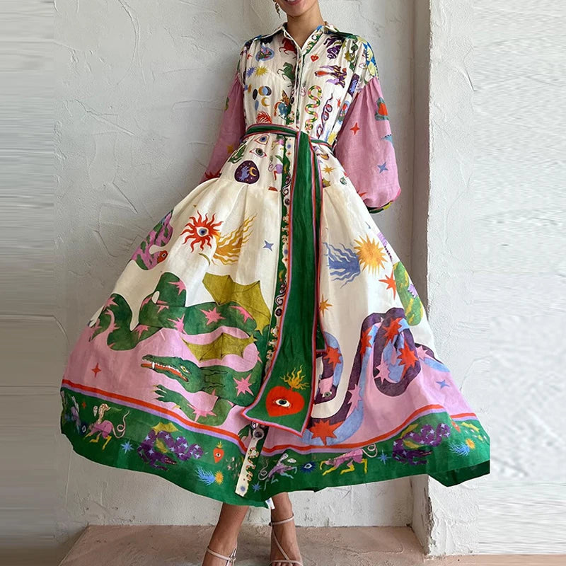 Elegant Loose Tie-Up Stand Collar Shirt Dress Women Fall Boho Print Pink Maxi Dress Fashion Geometric Cartoon Pattern Long Dress