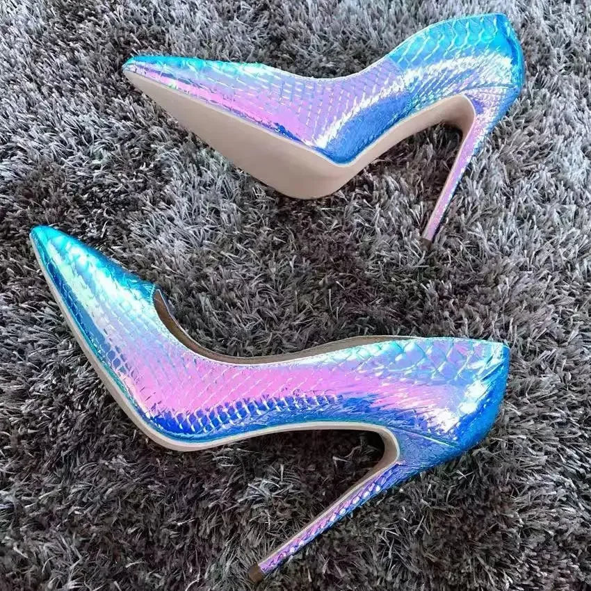 White Snake Pattern Pumps Shallow Pointed Toe High Heels Pull On Luxury Shoes Solid Scales Metallic Sandalias De Mujer 12CM