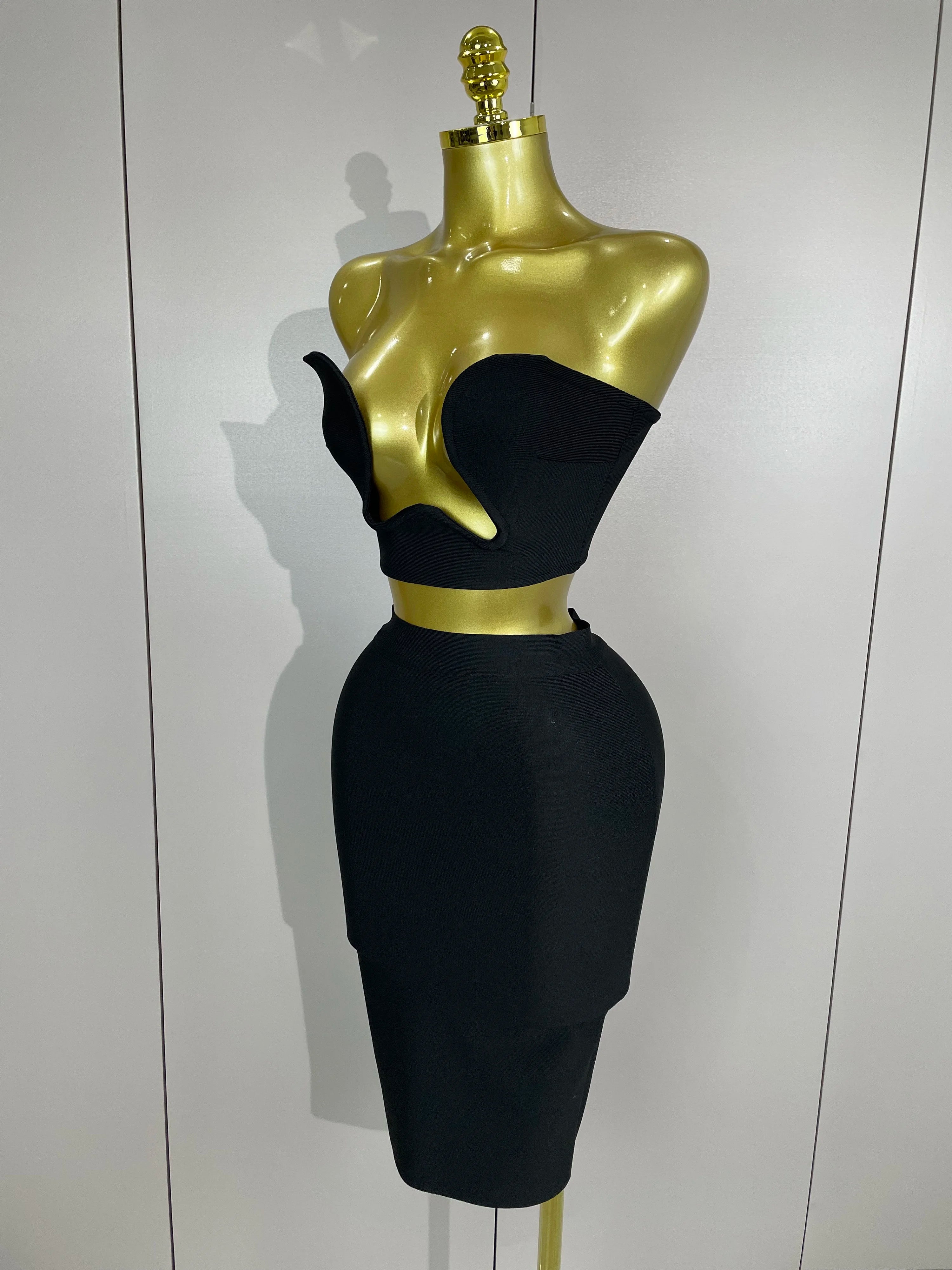 2025 Women Sexy Strapless Backless Black Bandage Two Piece Suit Celebrity Designer Fashion Birthday Gown Evening Prom Costume