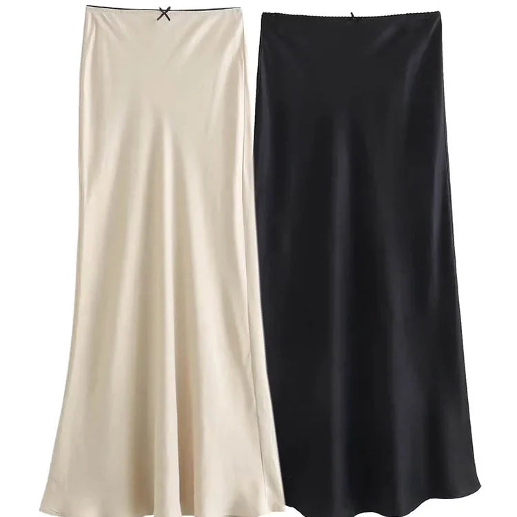 TRAFZA Satin Midi Skirt Woman High Waist Long Skirts For Women New Fashion 2023 Autumn Casual Elegant Party Women's Skirts