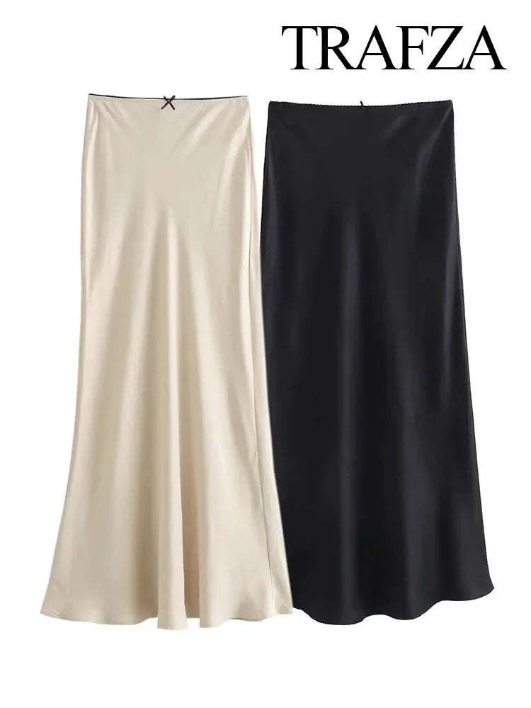 TRAFZA Satin Midi Skirt Woman High Waist Long Skirts For Women New Fashion 2023 Autumn Casual Elegant Party Women's Skirts