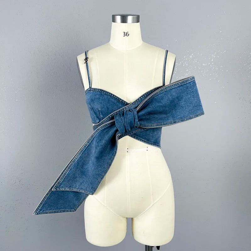 y2k spring and summer three-dimensional bow plunge sleeveless camisole Women's tube top2024korean fashion short crop top women light blue