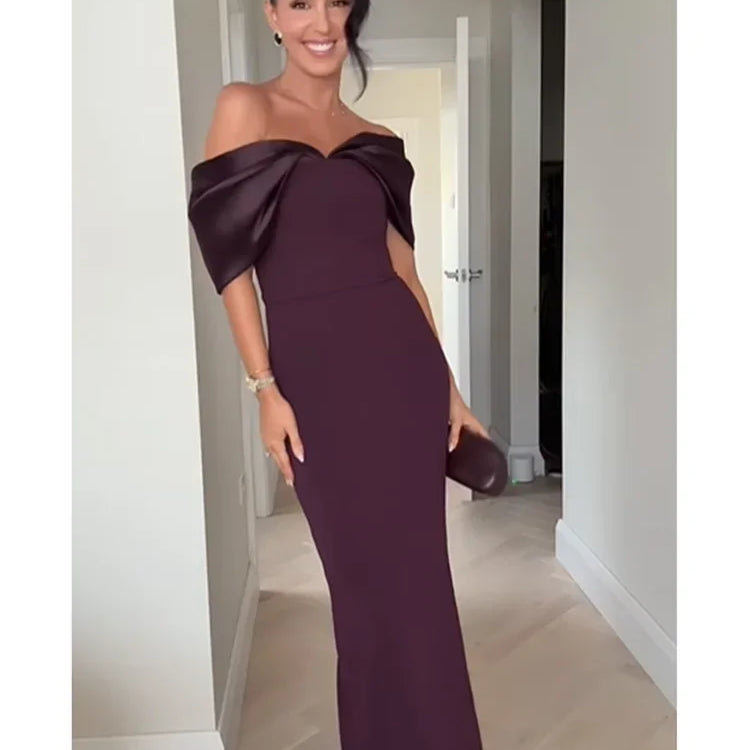 Elegant Purple Satin Patchwork Off Shoulder Midi Dresses New Lady Sleeveless Backless Slim Fit Long Vestido Evening Party Gowns