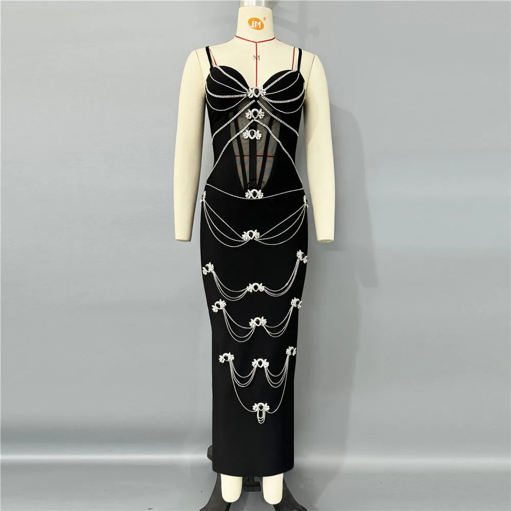 Black Color Women Sleeveless Sexy V-Neck Shinning Diamond Chain Bodycon Long Bandage Dress Evening Party Celebrate Outfit