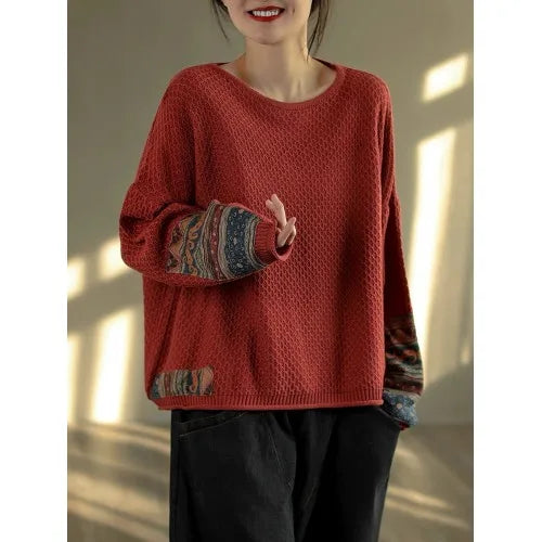 Vintage Print Patchwork Sweater Spring Fall Fashion Women's Loose Casual Long Sleeve Knitting Pullovers Female Elegance Knitwear Red One Size