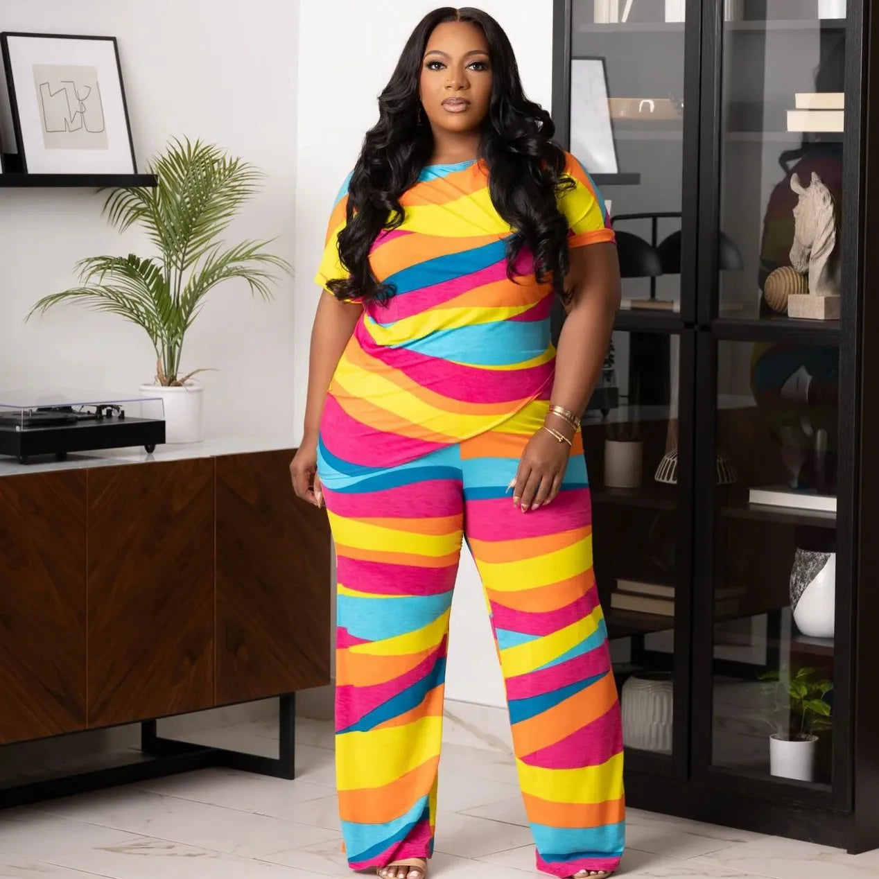 2 Piece Women Sets 2024 New Arrival Plus Size Summer Matching Sets Print Two Pieces Sets Top Pants Suits Outfits Clothing