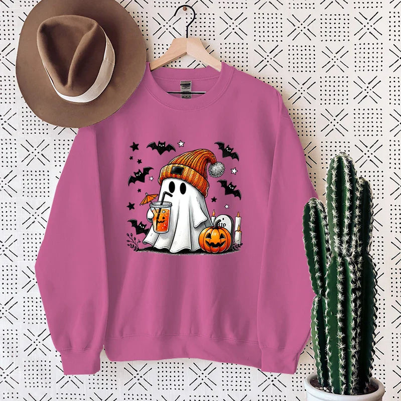 New Women's Sweatshirt Halloween Ghost Pumpkin Bat Print Round Neck Pullovers Ladies Autumn Winter Casual Halloween Sweatshirt Watermelon red