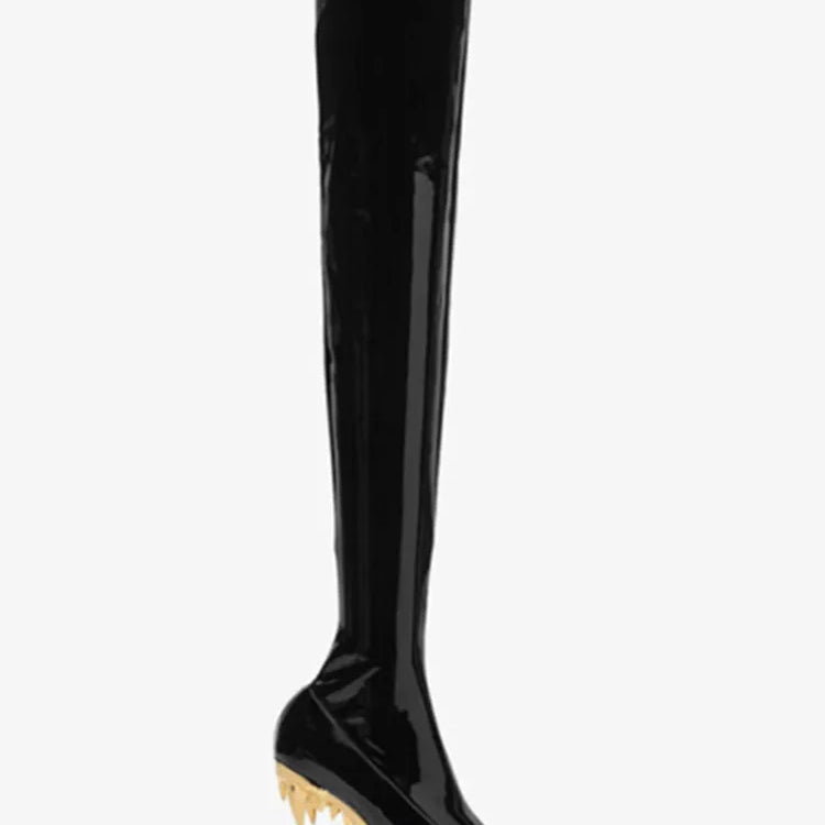 European and American New Knee-length Thigh Women's Boots Fashion Pointed Side Zipper Teeth High Heels Show Patent Leather Boots Gold heel
