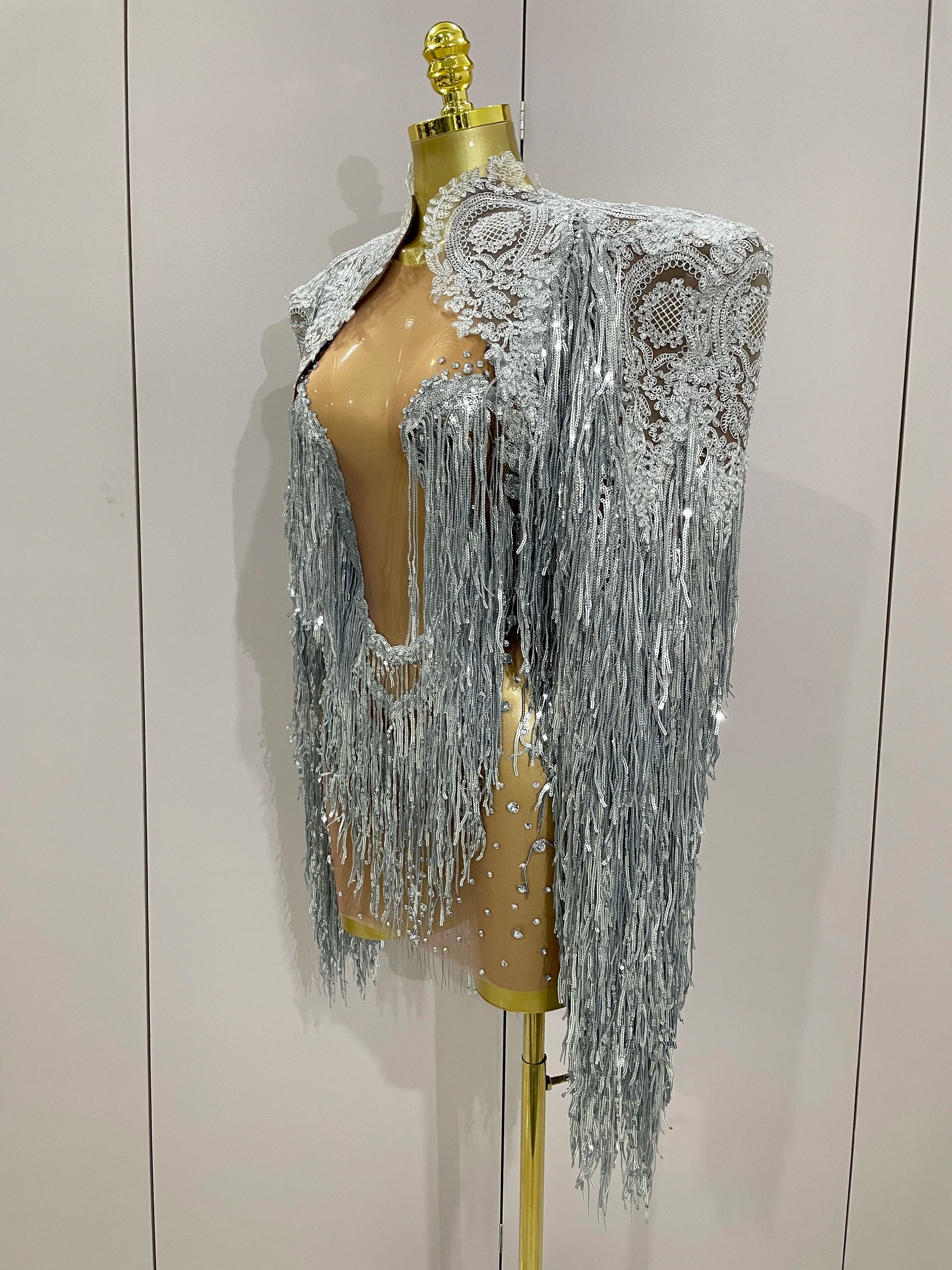 2025New Arrival Luxury Sparkly Rhinestone Sequin Tassel Coat Skirt 2Pcs Women Birthday Party Nightclub Stage Performance Costume