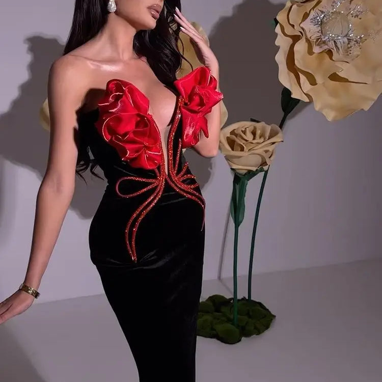 Fashion Red Florals Women Sexy Strapless Off the Shoulder Bodycon Bandage Long Dress Nightclub Party Celebrate Dress