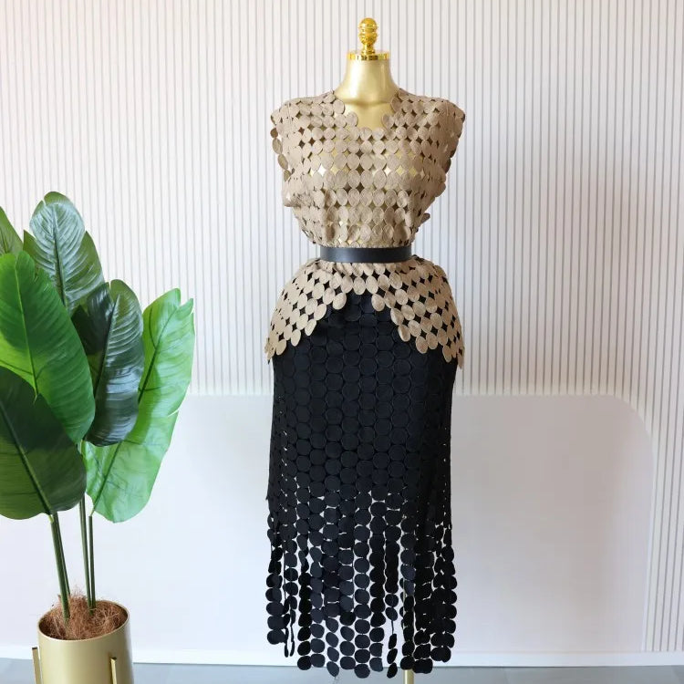 CM.YAYA Women Cutout O-neck Crop Top and Bodycon Midi Slim Maxi Long Skirt Suit 2025 Summer Vacation Sexy Two 2Piece Set Outfits Khaki-black-belt One Size