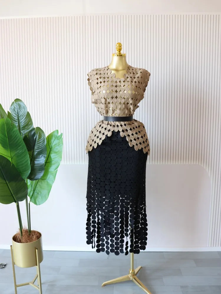 CM.YAYA Women Cutout O-neck Crop Top and Bodycon Midi Slim Maxi Long Skirt Suit 2025 Summer Vacation Sexy Two 2Piece Set Outfits Khaki-black-belt One Size