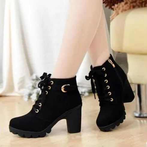 Spring Winter Women Pumps Boots Lace-up European Ladies Shoes PU High Heels Boots black