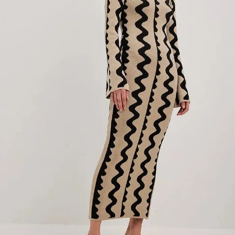 Striped Knitted O-neck Long Sleeve Midi Dresses Elegant Women Bodycon A-line Vestidos Female Fashion Casual Street Maxi Clothes CYC1327-ZT