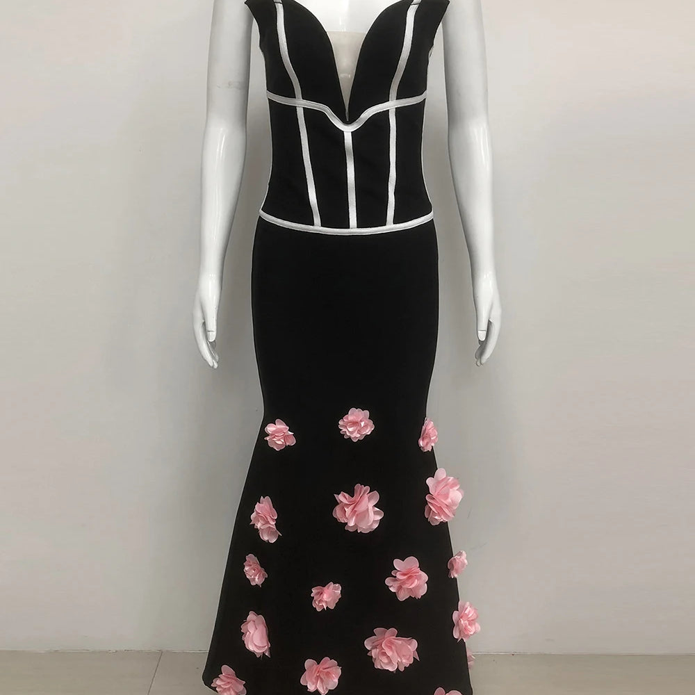 Sexy Off Shoulder 3D Flowers Bandage Mermaid Dresses Womens Strapless Evening Party Formal Long Dress Birthday Prom Vestidos