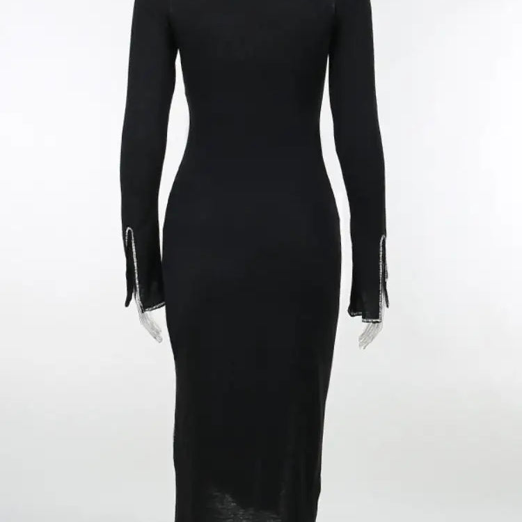 Sexy Rhinestone Black Dress Women Hipster Square Collar Full Sleeve Split Bodycon Midi Dresses Autumn Party Clubwear