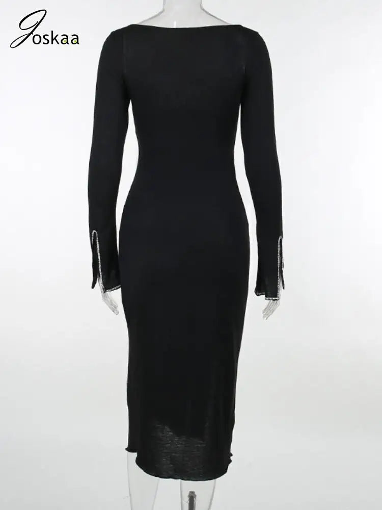 Sexy Rhinestone Black Dress Women Hipster Square Collar Full Sleeve Split Bodycon Midi Dresses Autumn Party Clubwear