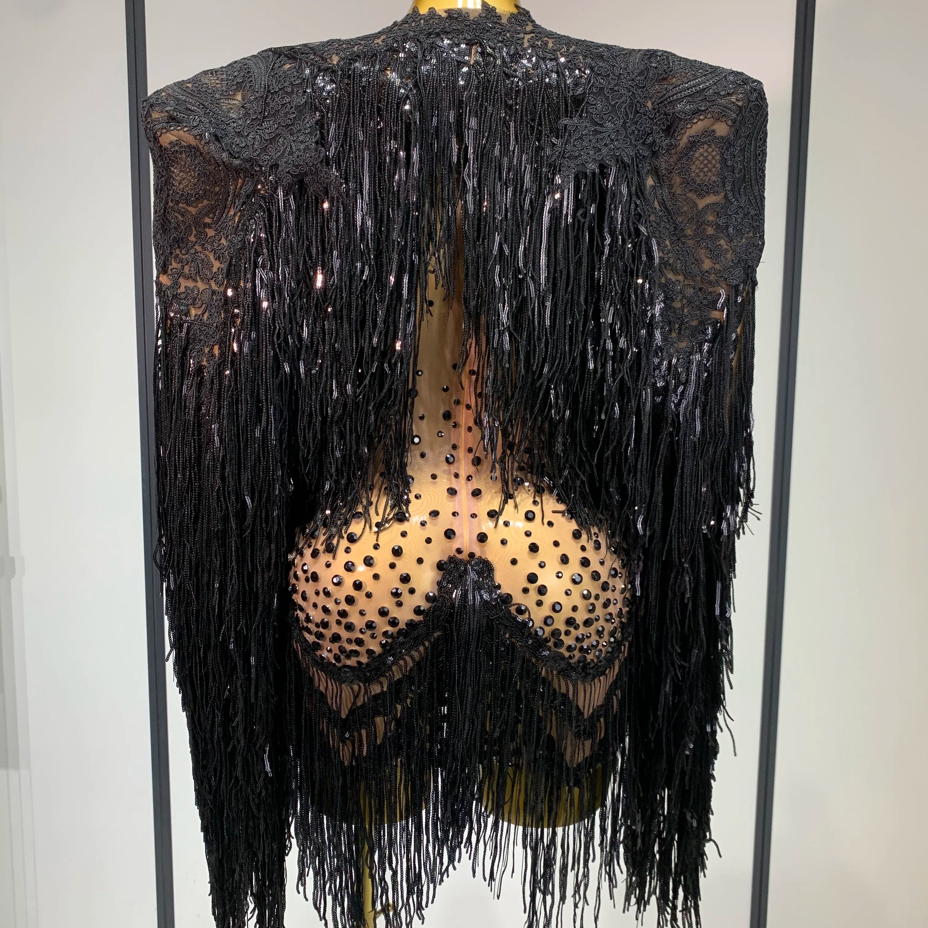 High Quality Rhinestones Tassels Mini Dress Suit Luxury Women Sexy See Through Mesh Party Club Dresses Performance Stage Outfit