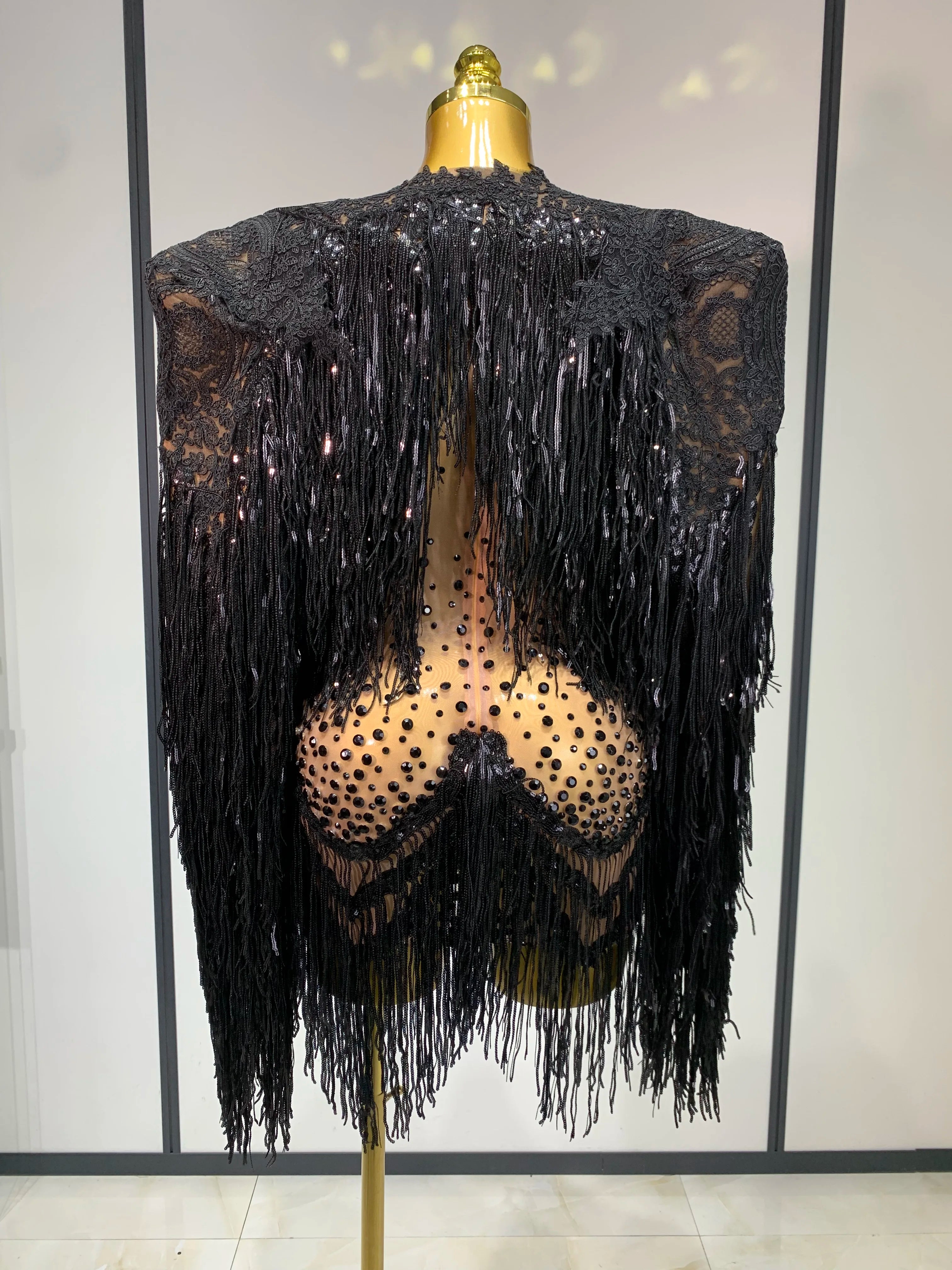 High Quality Rhinestones Tassels Mini Dress Suit Luxury Women Sexy See Through Mesh Party Club Dresses Performance Stage Outfit