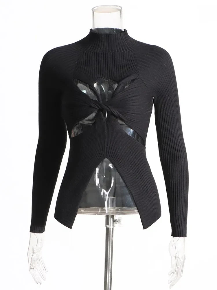 Slimming Crisscross Hollow Out Knitting Sweaters For Women Round Neck Long Sleeve Solid Casual Chic Sweater Female