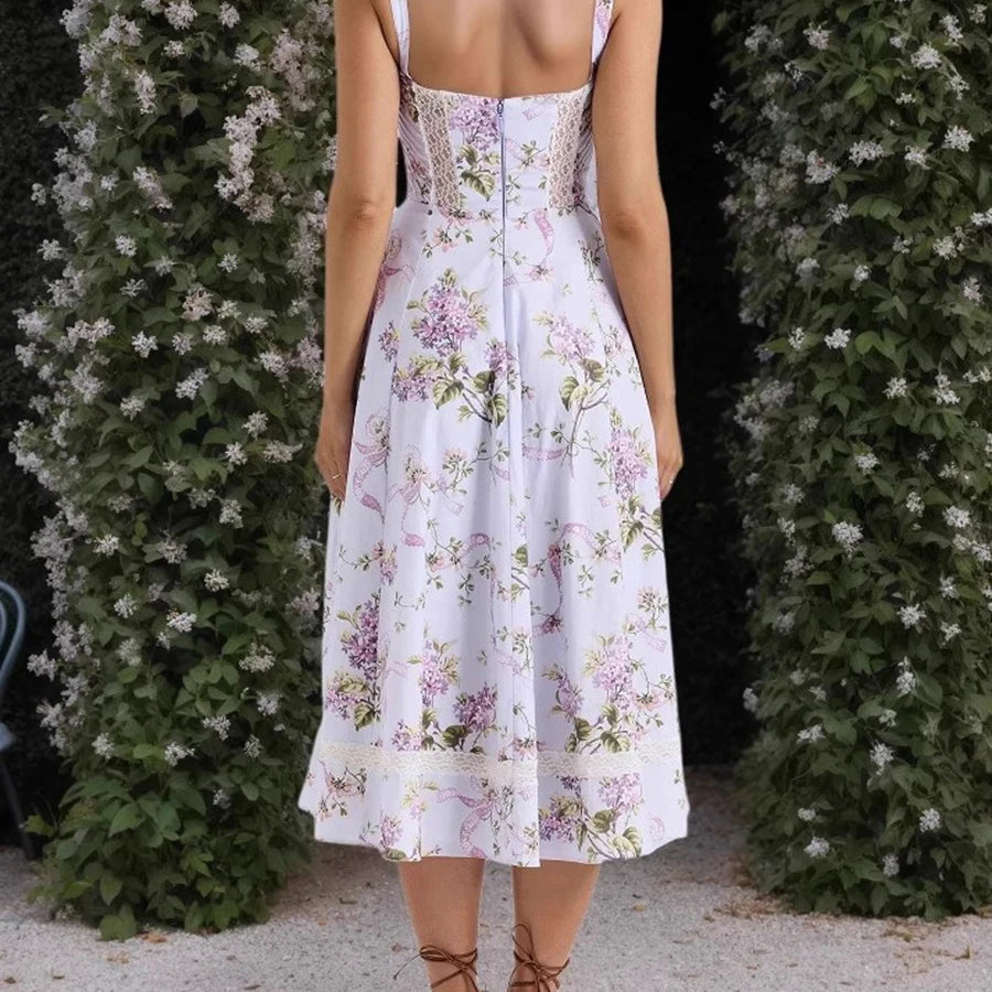 TWOTWINSTYLE Printing Hollow Out Spliced Lace Elegant Dresses for Women Square Neck Sleeveless Patchwork Pockets Dress Female