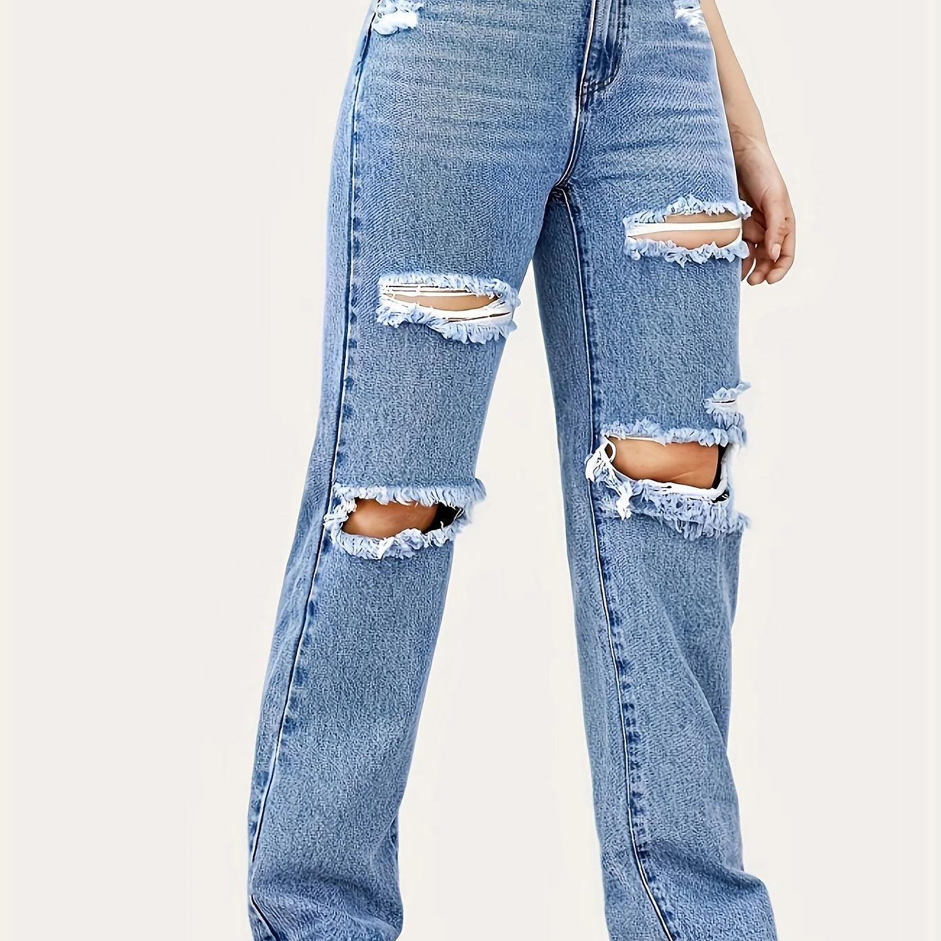Blue Ripped Baggy Straight Jeans, Slash Pockets Distressed High Waist Loose Fit Denim Pants, Women's Denim Jeans & Clothing