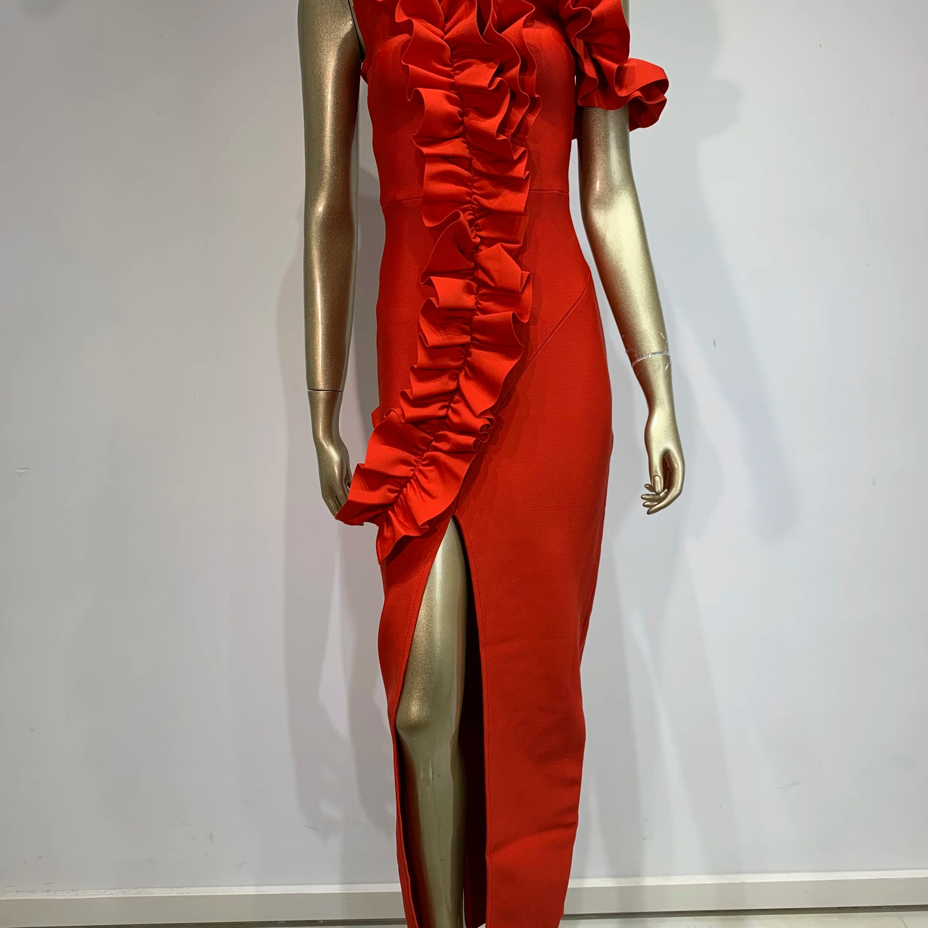 Women Celebrity Sexy Off Shoulder Ruffles Black Red Split Midi  Bodycon Bandage Dress 2024 Elegant Evening Club Party Outfit